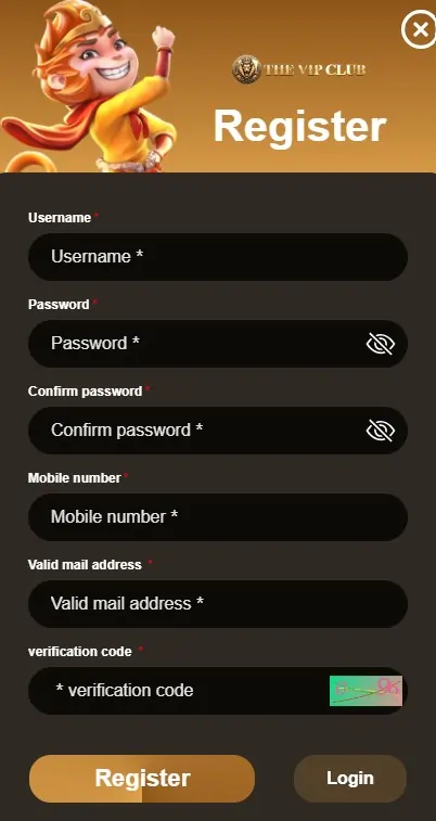 The Vip Club App Register page