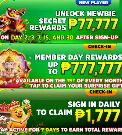 unlock newbie rewards ₱77,777, member day rewards ₱777,777, sign-in daily ₱1,777 rewards