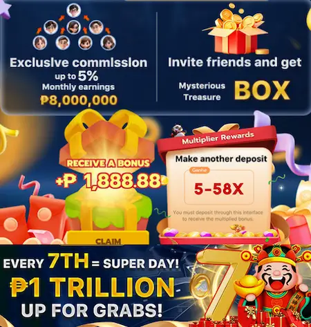 exclusive 5% monthly earnings, friend referral get mystery box, ₱1,888 rewards + ₱1 trillion every 7th super day