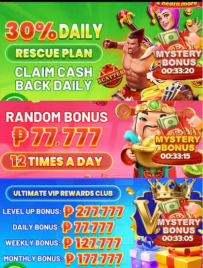 30% rescue plan, random reward ₱77,777 12 times a day, Ultimate VIP rewards club up to ₱277,777